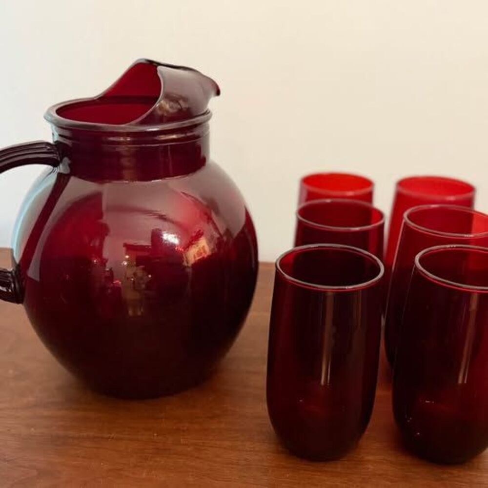 Vintage Anchor Hocking Royal Ruby Red Glass Tilt Ball Pitcher & 6 Tumblers MCM